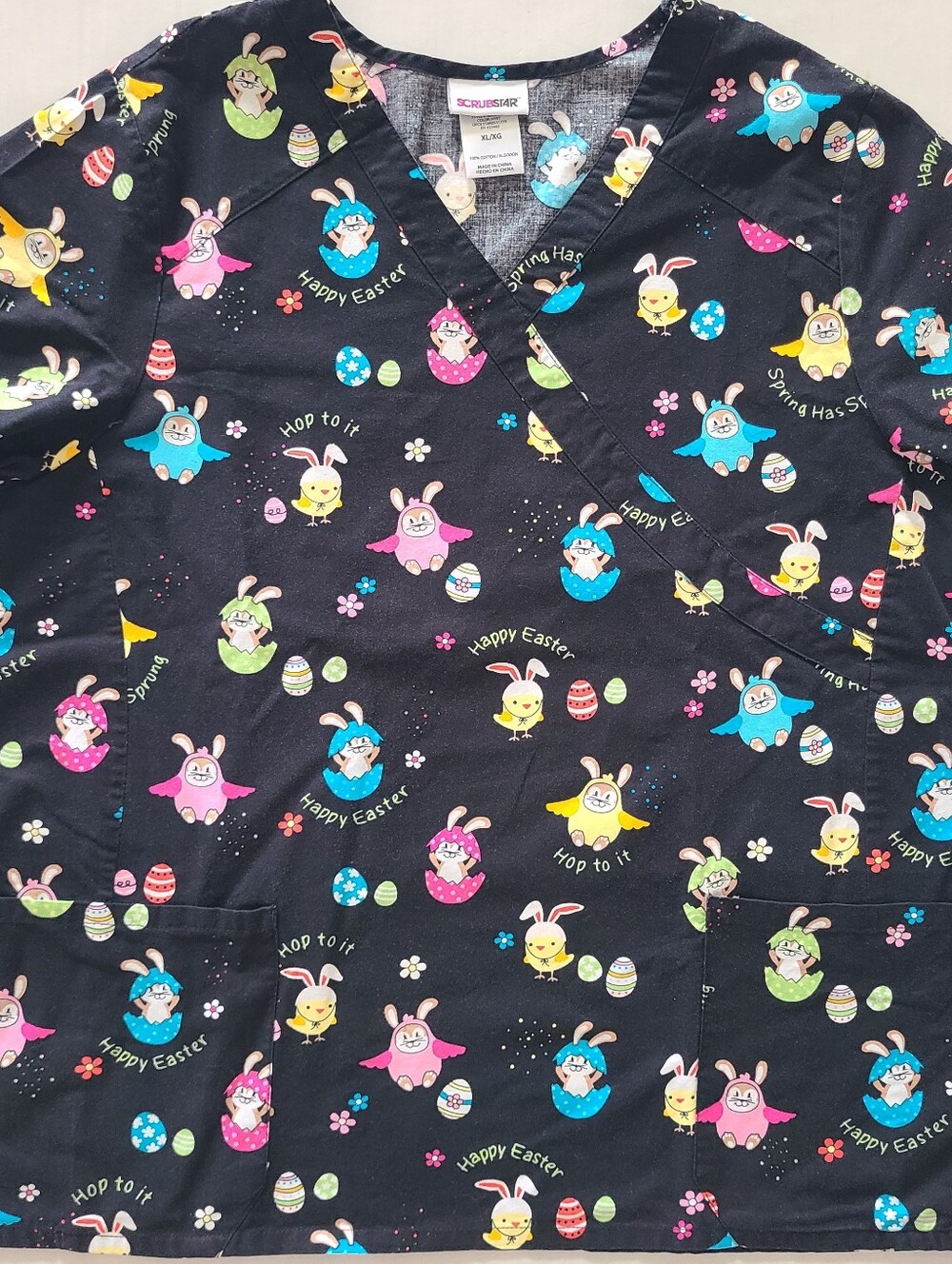 Scrubstar XL Black Easter Bunny Women's Easter Pattern Cotton Medical Scrub Top.